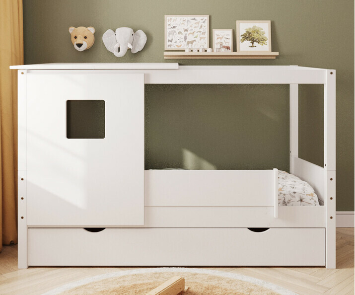 Lit cabane Combeebed banc avec sommier gigogne + toit et fentre
