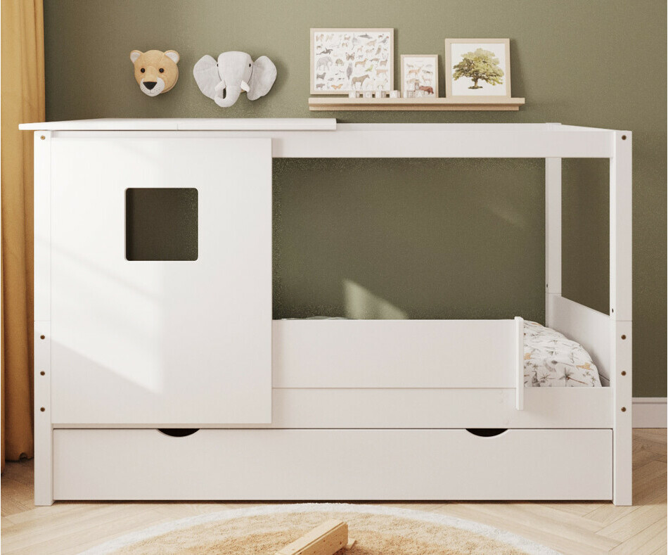 Lit cabane Combeebed banc avec sommier gigogne + toit et fentre