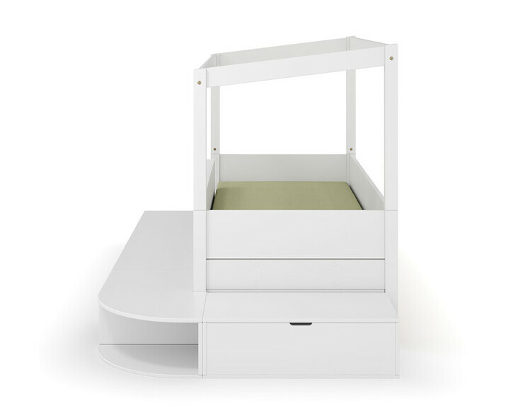 Vue de profil du lit cabane Combeebed avec estrade et matelas en option
