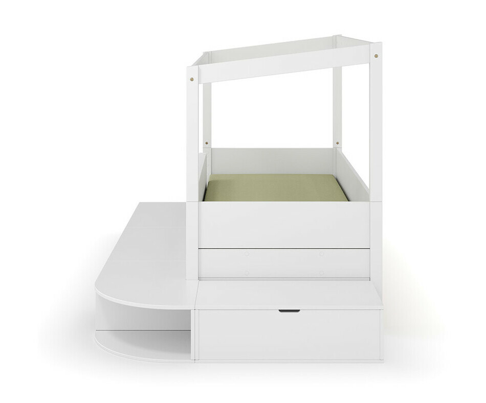 Vue de profil du lit cabane Combeebed avec estrade et matelas en option