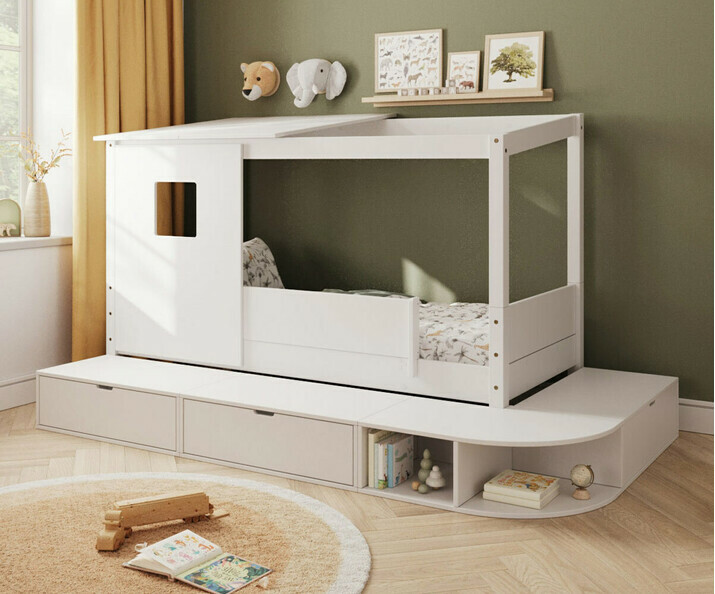 Lit cabane blanc Combeebed avec estrade de rangement toit et fentre
