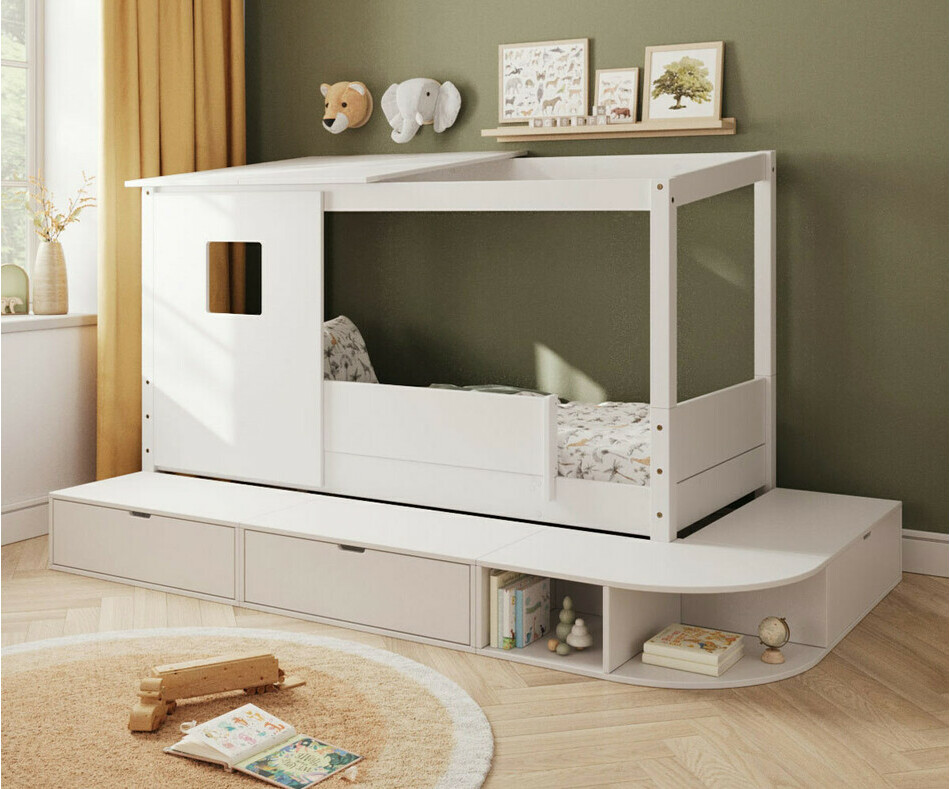 Lit cabane blanc Combeebed avec estrade de rangement toit et fentre