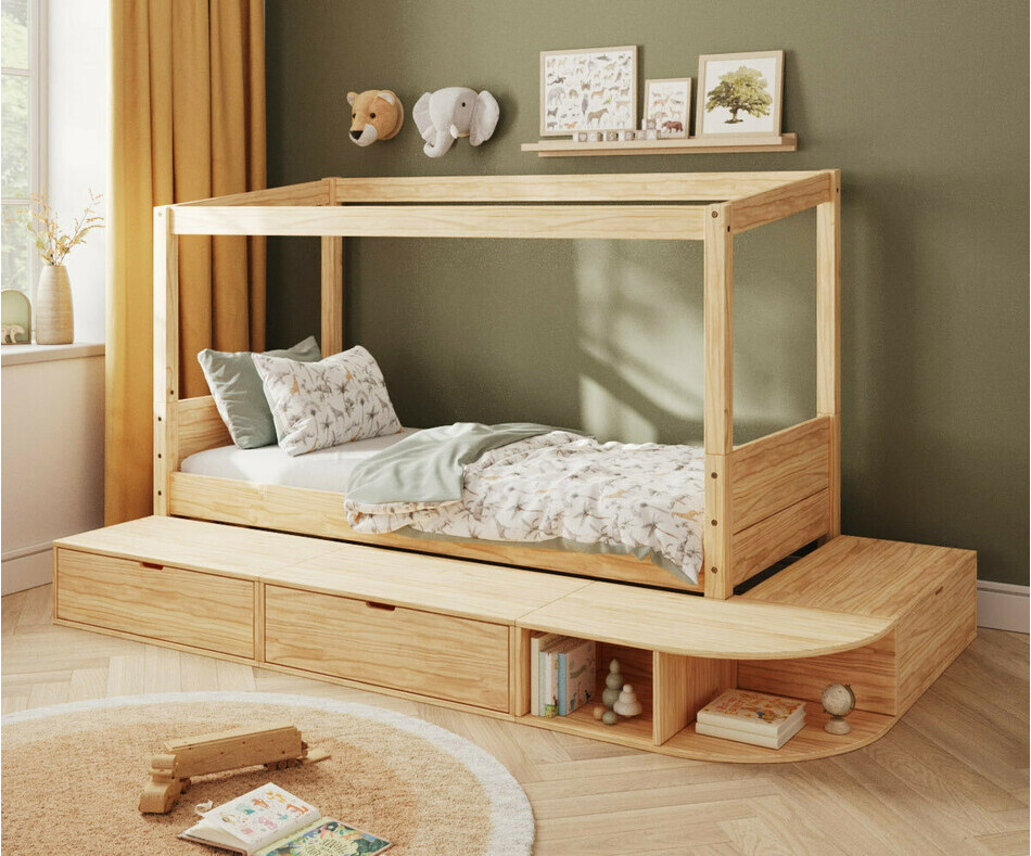 Lit cabane bois Combeebed avec estrade de rangement