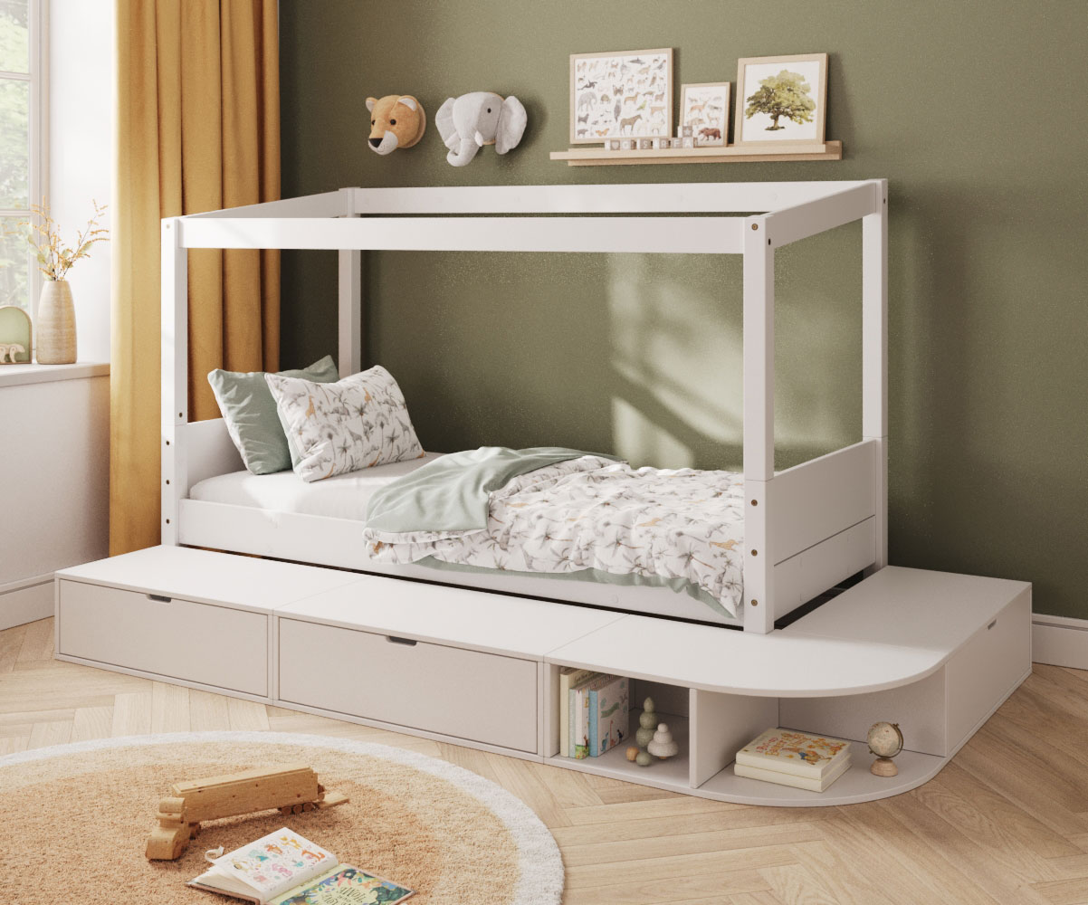 Lit cabane blanc Combeebed avec estrade de rangement