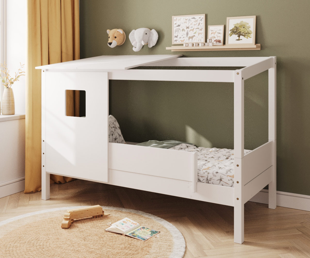 Lit cabane blanc avec barrire avant + toit et fenetre + matelas