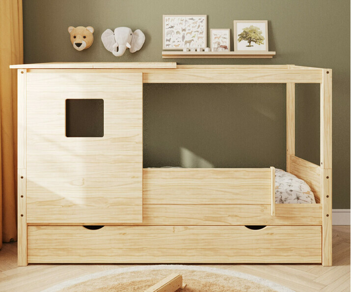  Lit cabane + toit et fentre avec tiroir blanc Combeebed + matelas