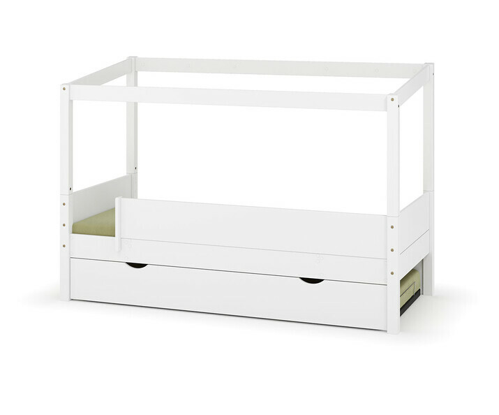 Lit gigogne cabane Combeebed blanc + matelas + barriere avant