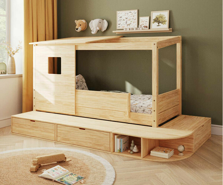 Lit cabane bois Combeebed avec estrade de rangement toit et fentre et matelas