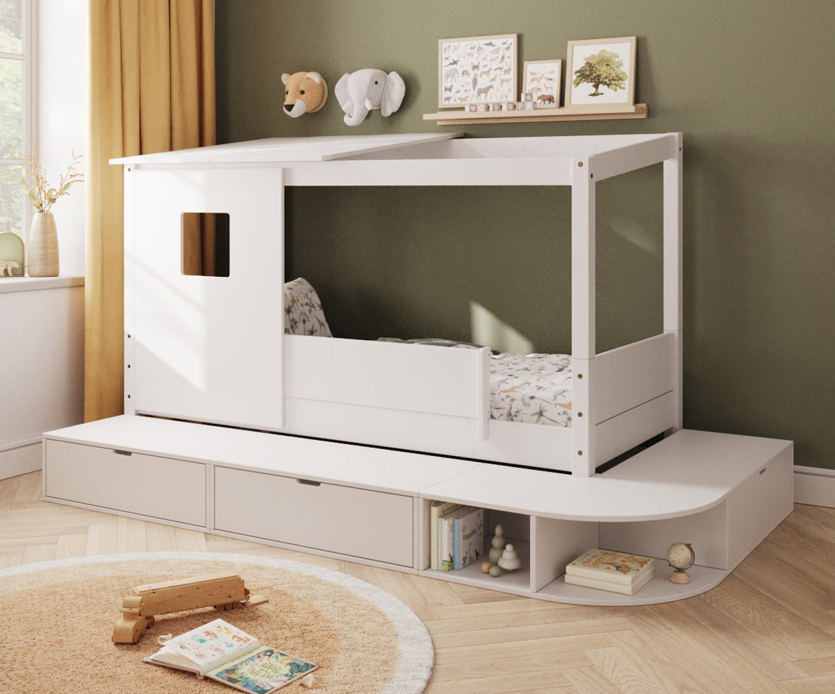 Lit cabane blanc Combeebed avec estrade de rangement toit et fentre / et matelas