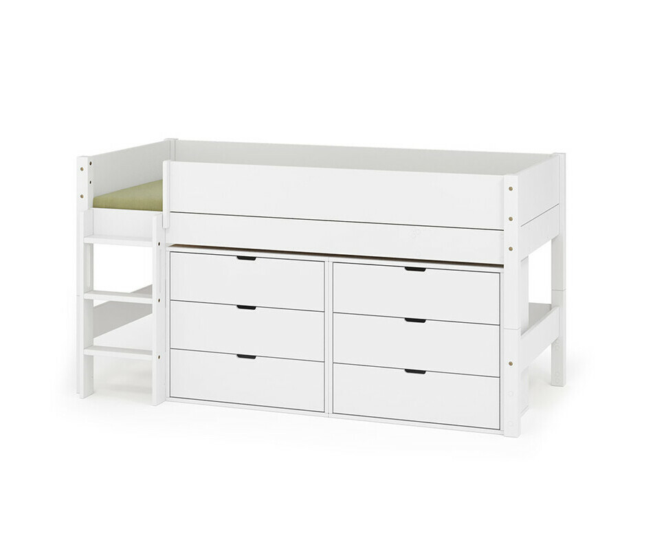 Lit mi hauteur blanc enfant avec commodes et échelle grand côté matelas en option Lit mi hauteur blanc enfant avec commodes et échelle grand côté matelas en option