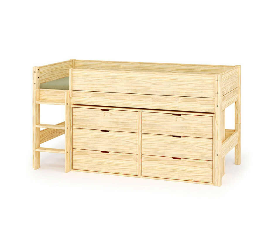 Lit mi hauteur bois enfant avec commodes et échelle grand côté matelas en option Lit mi hauteur bois enfant avec commodes et échelle grand côté matelas en option