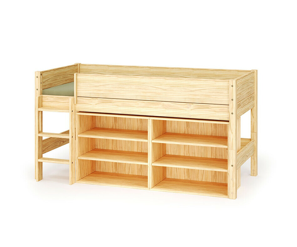 Lit mi hauteur bois enfant avec étagères et échelle grand côté + matelas Lit mi hauteur bois enfant avec étagères et échelle grand côté + matelas