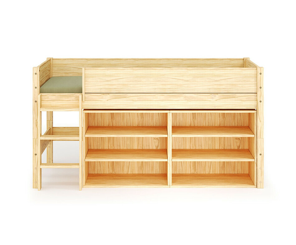 Lit mi hauteur bois enfant avec étagères et échelle grand côté + matelas - vue de face Lit mi hauteur bois enfant avec étagères et échelle grand côté + matelas - vue de face