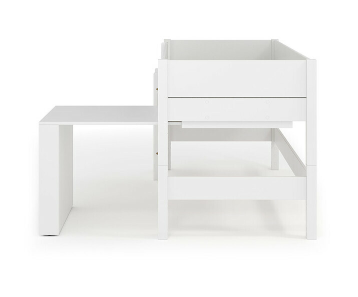 Vue de profil lit mi hauteur blanc avec bureau avec matelas inclus