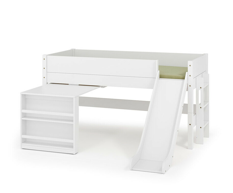 Lit mi hauteur blanc Combeebed avec toboggan et bureau ouvert et matelas en option