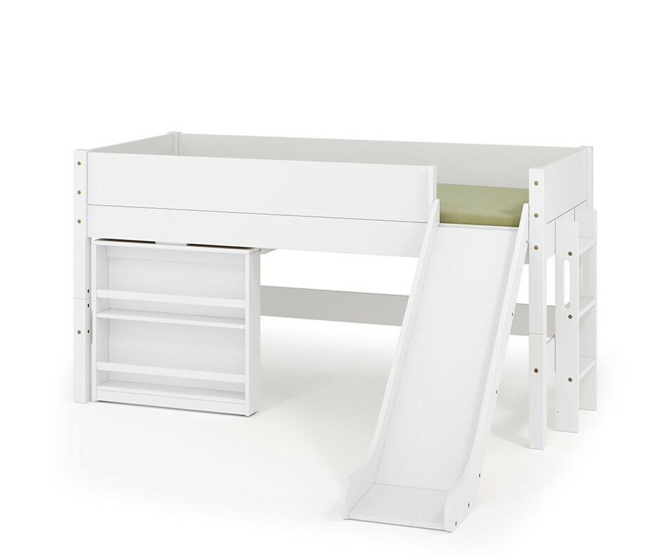 Lit mi hauteur blanc Combeebed avec toboggan et bureau ferm et matelas en option