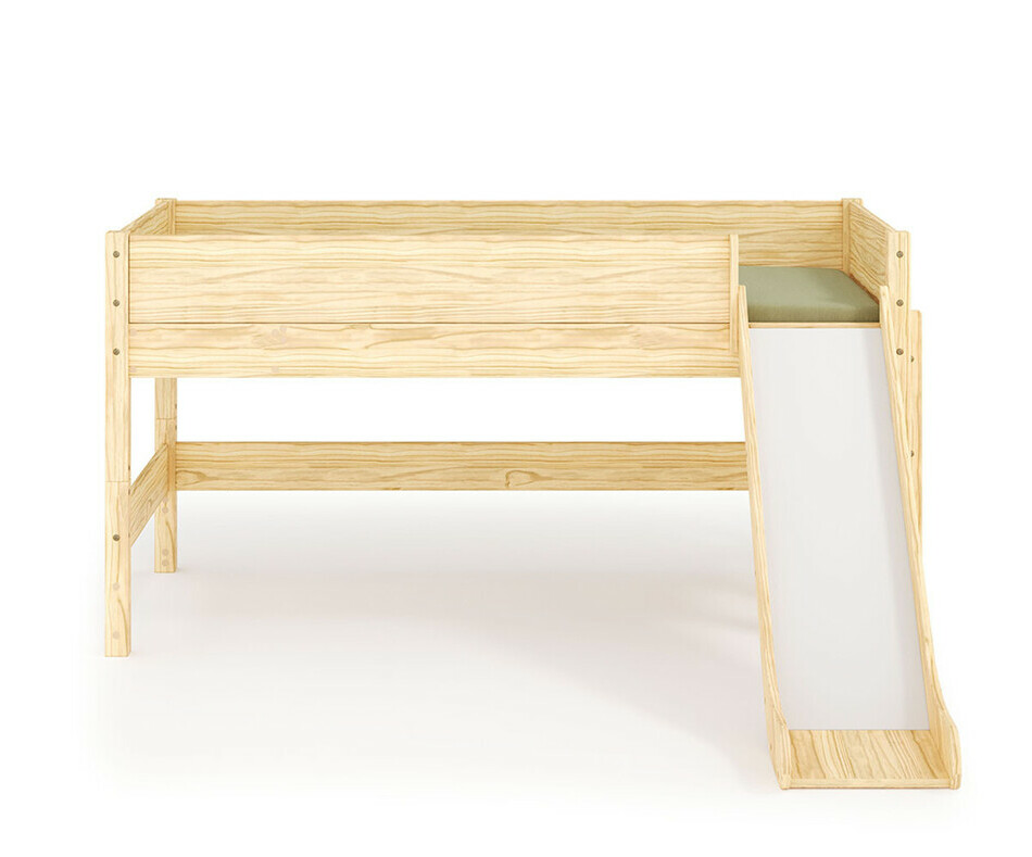 Vue de profil du lit bois mi hauteur avec toboggan + matelas