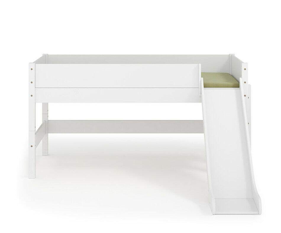 Vue de face du lit blanc mi hauteur avec toboggan + matelas
