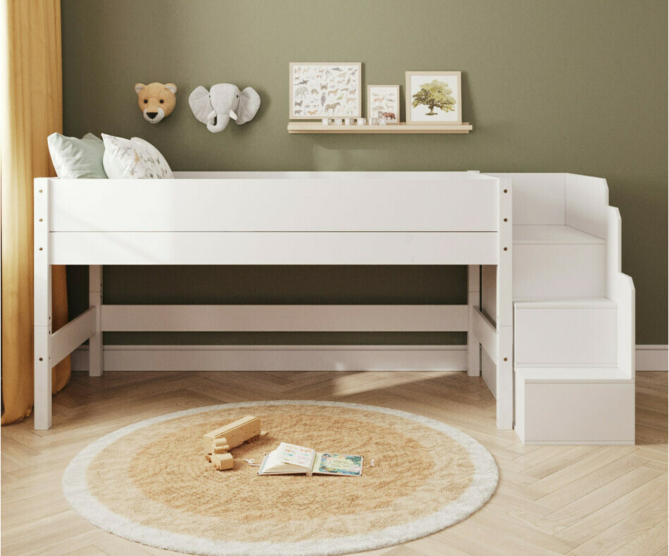 Vue de face - Lit mi hauteur blanc Combeebed avec escalier