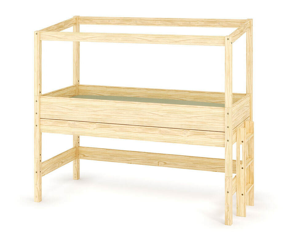 Lit cabane mi-hauteur bois naturel avec échelle positionnable sur le petit côté droit ou gauche Lit cabane mi-hauteur bois naturel avec échelle positionnable sur le petit côté droit ou gauche