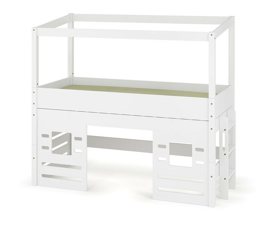 Lit cabane mi-hauteur blanc avec chelle sur le petit ct - fentres du bas incluses