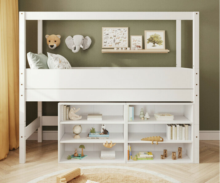 Lit cabane mi-hauteur blanc avec lot de 2 tagres  glisser sous le lit - chelle sur le petit ct