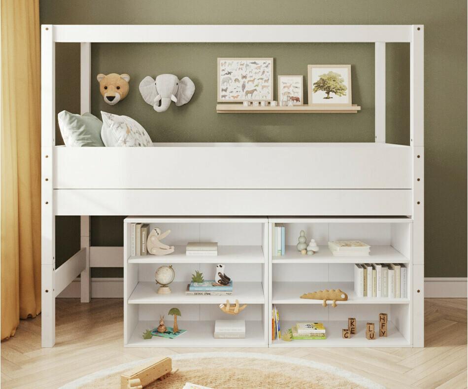 Lit cabane mi-hauteur blanc avec lot de 2 tagres  glisser sous le lit - chelle sur le petit ct