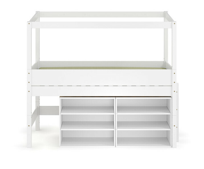 Lit cabane mi-hauteur blanc avec lot de 2 tagres bibliothque - chelle sur le petit ct