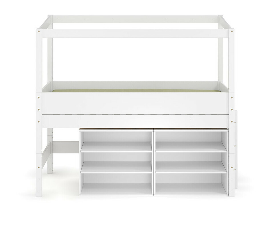 Lit cabane mi-hauteur blanc avec lot de 2 tagres bibliothque - chelle sur le petit ct