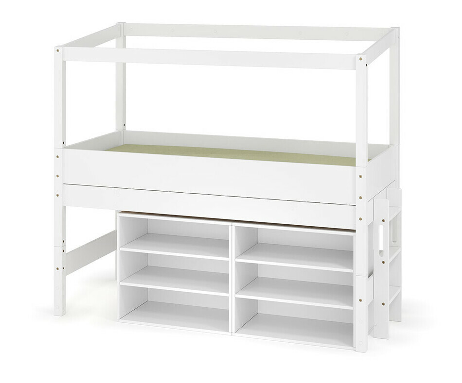 Lit cabane mi-hauteur blanc avec lot de 2 bibliothques - chelle sur le petit ct