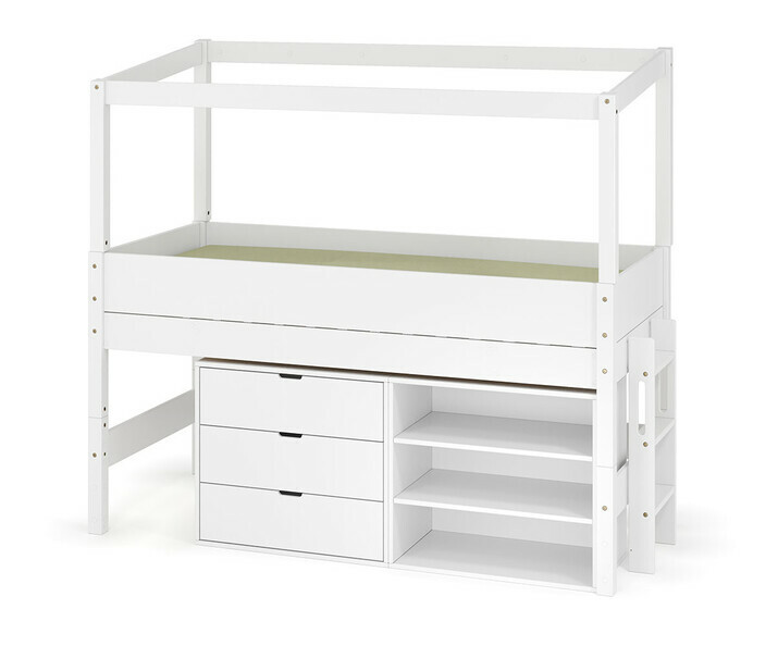 Lit cabane mi-hauteur blanc avec 1 commode et 1 tagre - chelle sur le petit ct