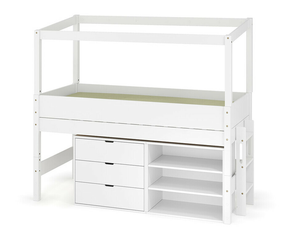 Lit cabane mi-hauteur blanc avec 1 commode et 1 tagre - chelle sur le petit ct