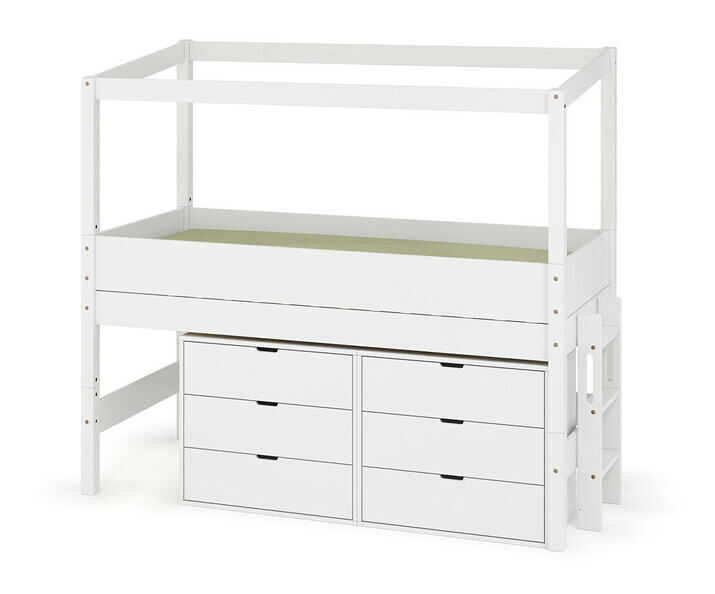 Lit cabane mi-hauteur blanc avec lot de 2 commodes - chelle sur le petit ct