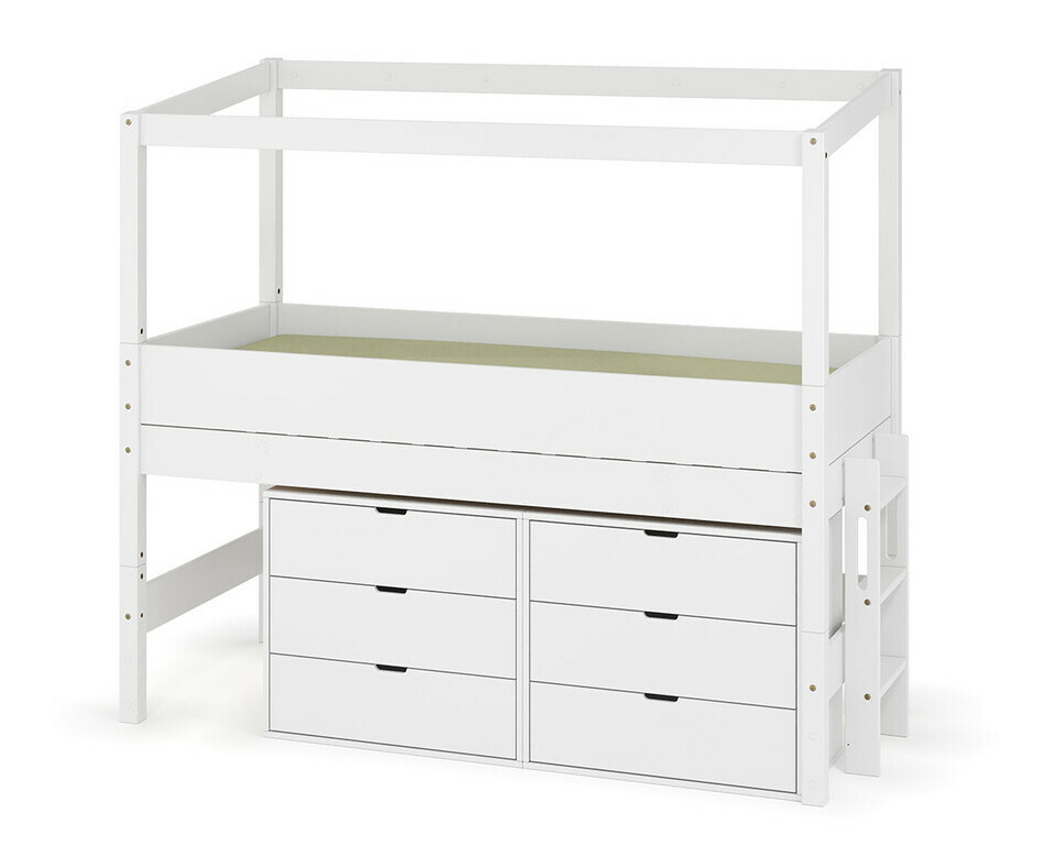 Lit cabane mi-hauteur blanc avec lot de 2 commodes - chelle sur le petit ct