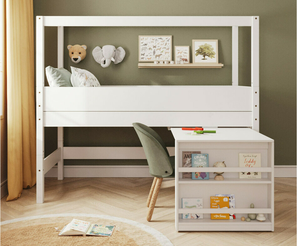 Lit cabane mi-hauteur blanc avec bureau rtractable - chelle petit ct