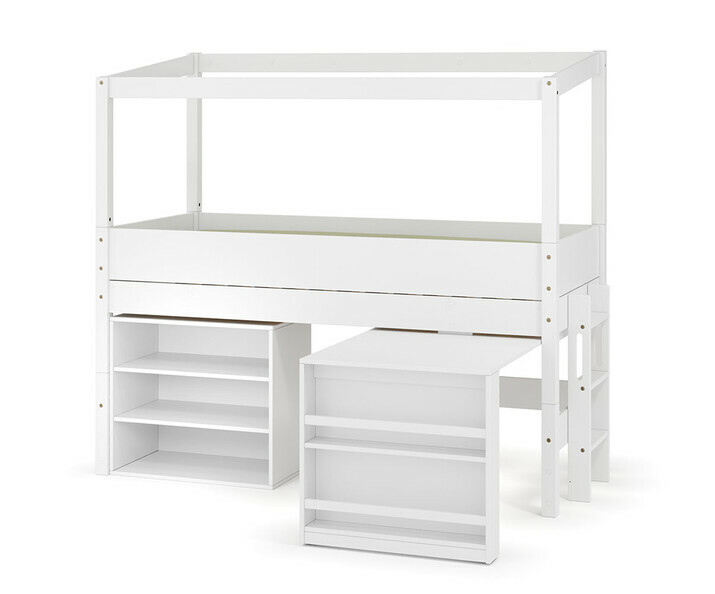 Lit cabane mi-hauteur blanc avec bureau et tagre - chelle petit ct