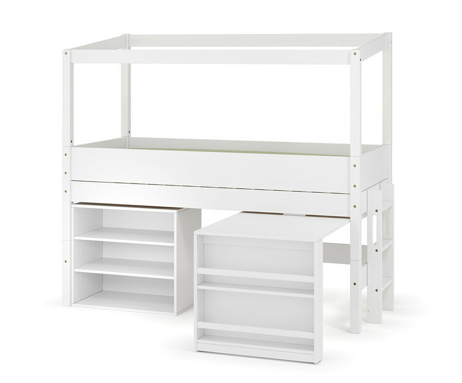 Lit cabane mi-hauteur blanc avec bureau et tagre - chelle petit ct