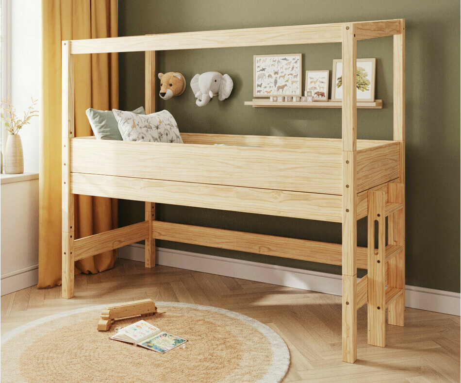 Lit cabane mi-hauteur bois naturel avec échelle sur le petit côté et matelas Lit cabane mi-hauteur bois naturel avec échelle sur le petit côté et matelas