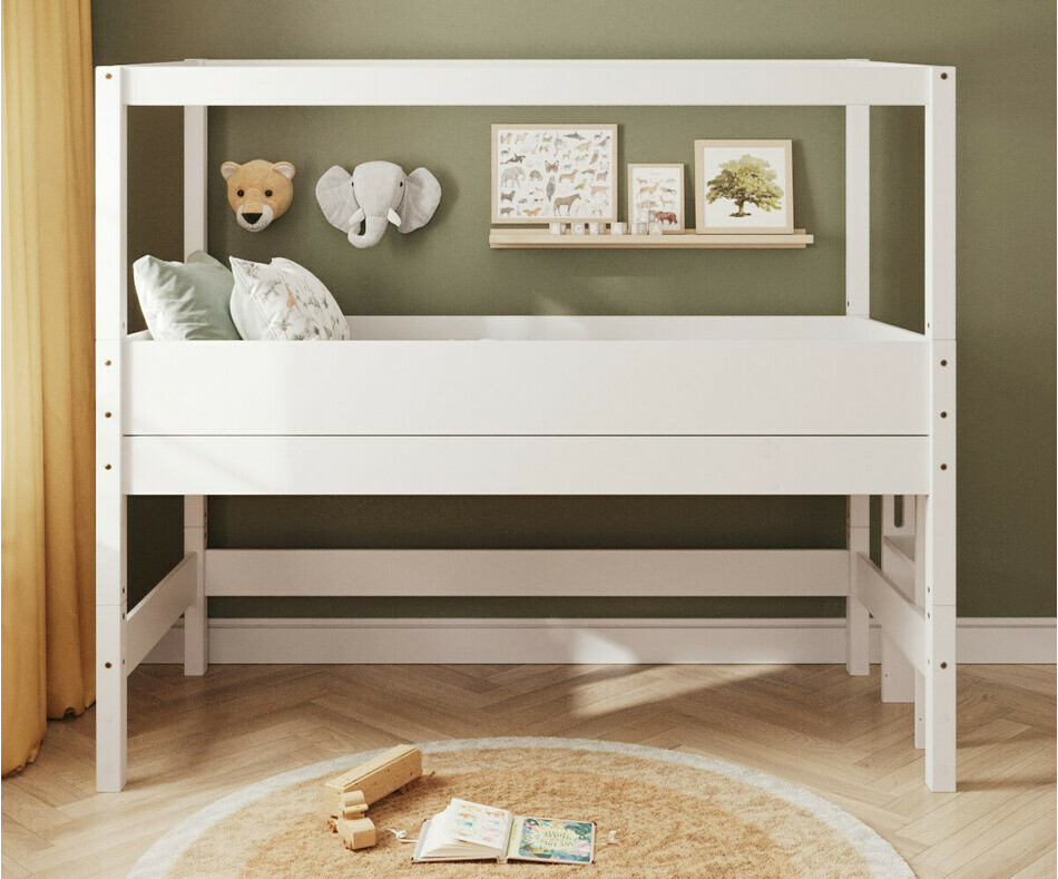 Lit gain de place blanc avec chelle sur le petit ct et matelas inclus