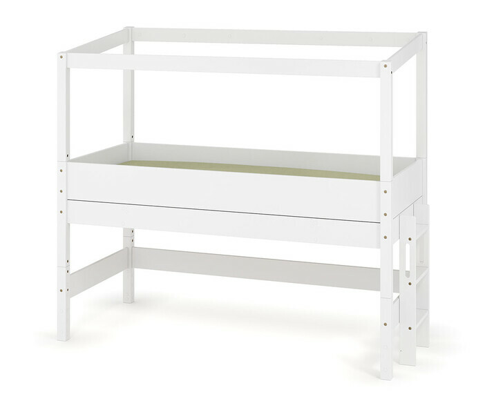 Lit cabane mi-hauteur blanc avec chelle positionnable sur le petit ct droit ou gauche et matelas inclus