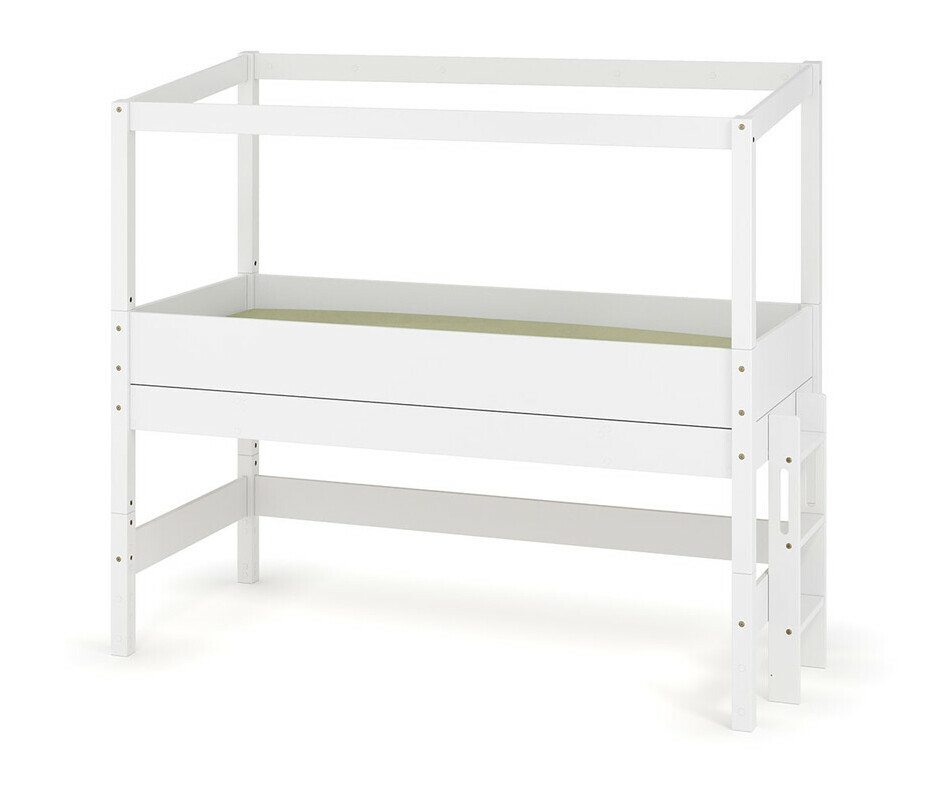 Lit cabane mi-hauteur blanc avec chelle positionnable sur le petit ct droit ou gauche et matelas inclus