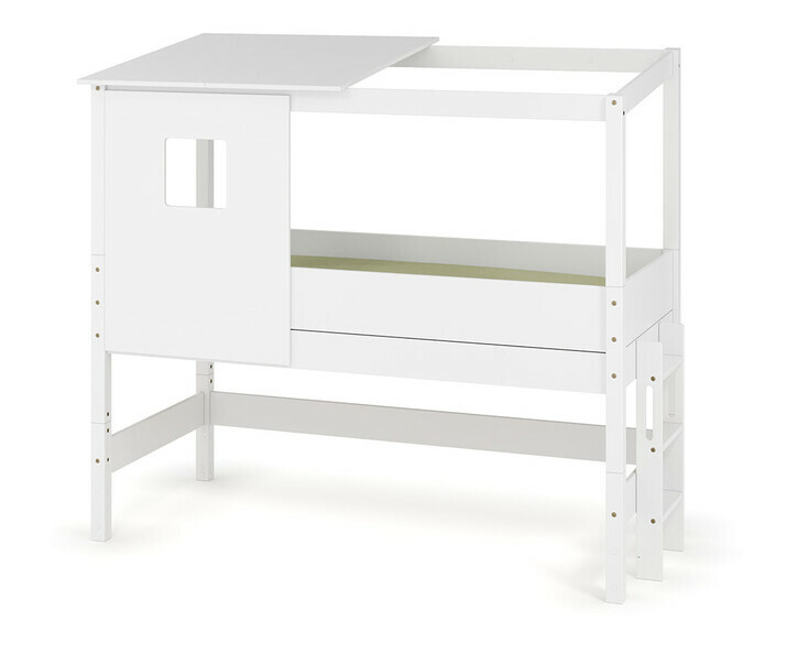 Lit cabane mi-hauteur blanc avec chelle sur le petit ct - matelas et kit toit et fentre inclus