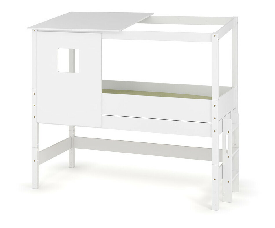 Lit cabane mi-hauteur blanc avec chelle sur le petit ct - matelas et kit toit et fentre inclus