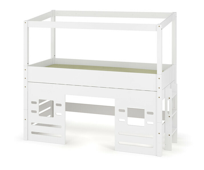Lit cabane mi-hauteur blanc avec chelle sur le petit ct - matelas et kit fentres du bas inclus