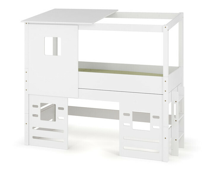 Lit cabane mi-hauteur blanc avec chelle sur le petit ct - matelas et kit toit et fentres inclus