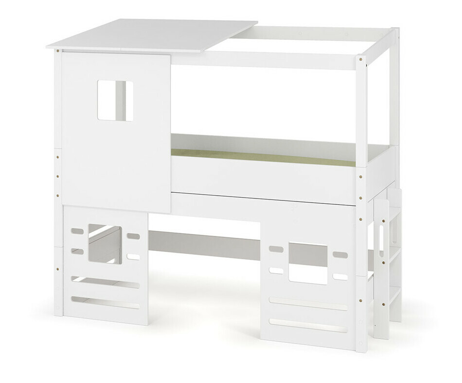 Lit cabane mi-hauteur blanc avec chelle sur le petit ct - matelas et kit toit et fentres inclus