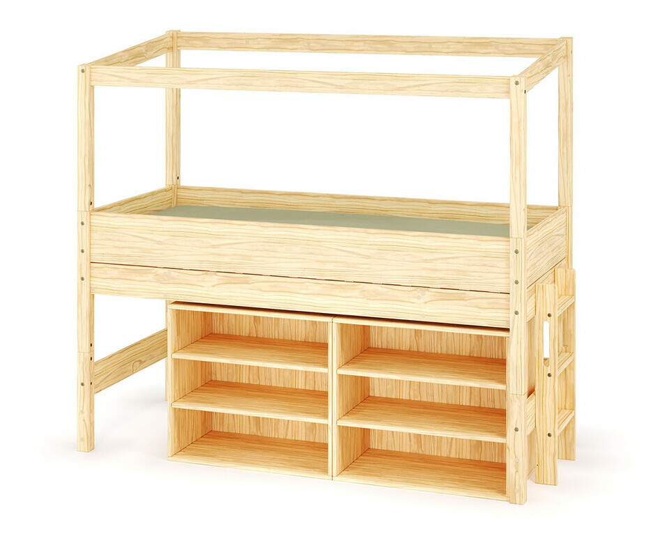 Lit cabane mi-hauteur bois naturel avec lot de 2 bibliothques et matelas - chelle sur le petit ct