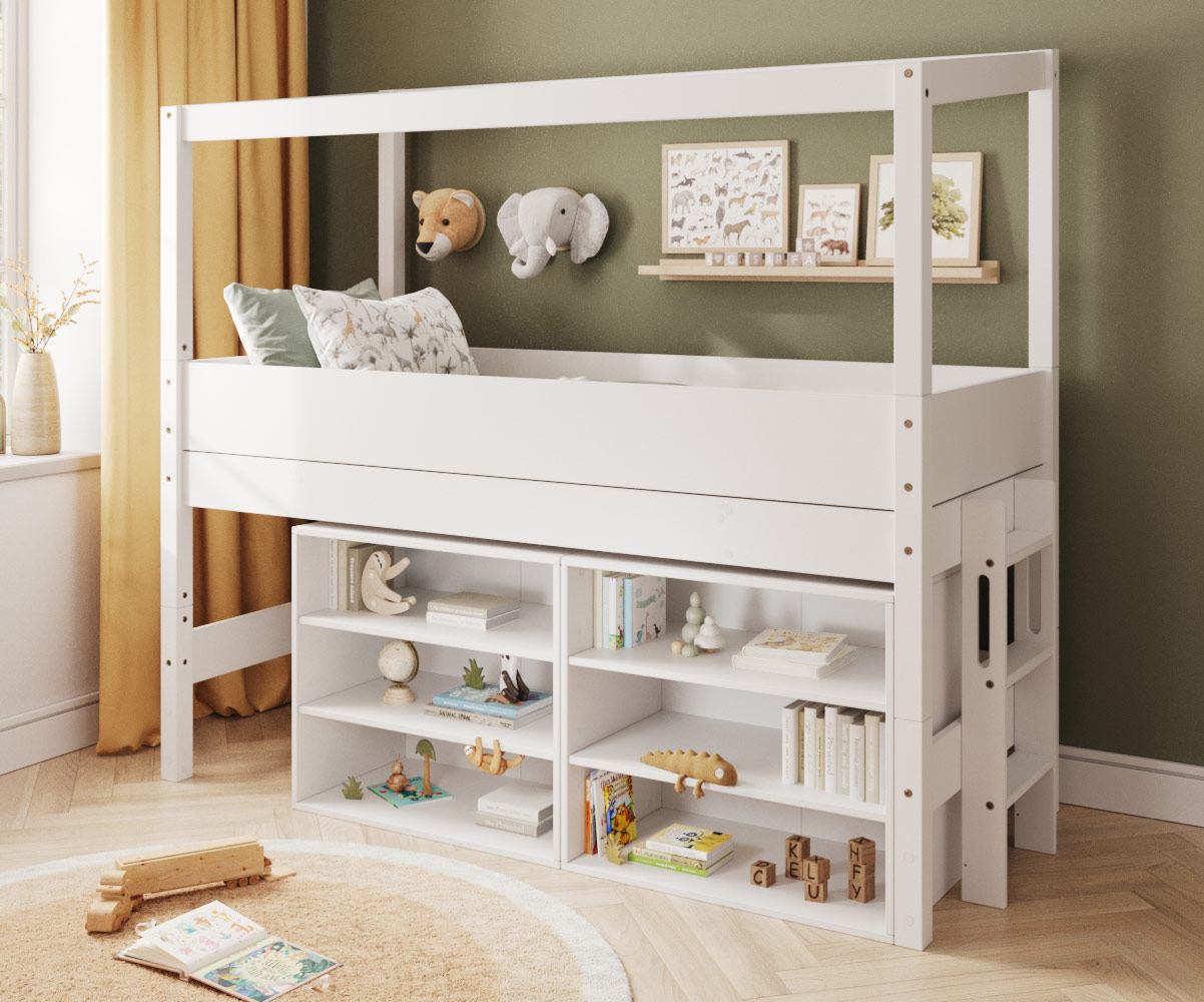 Lit cabane mi-hauteur blanc avec lot de 2 tagres - chelle sur le petit ct et matelas