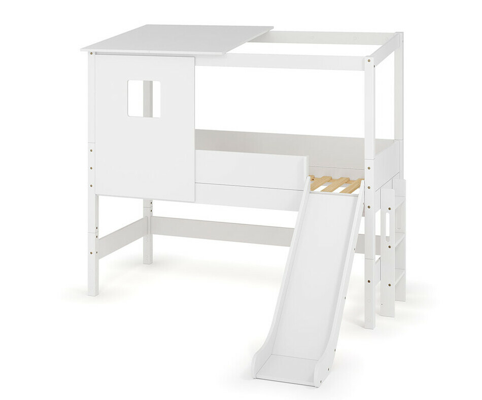 Lit cabane mi hauteur Combeebed blanc avec toboggan vue de 3/4