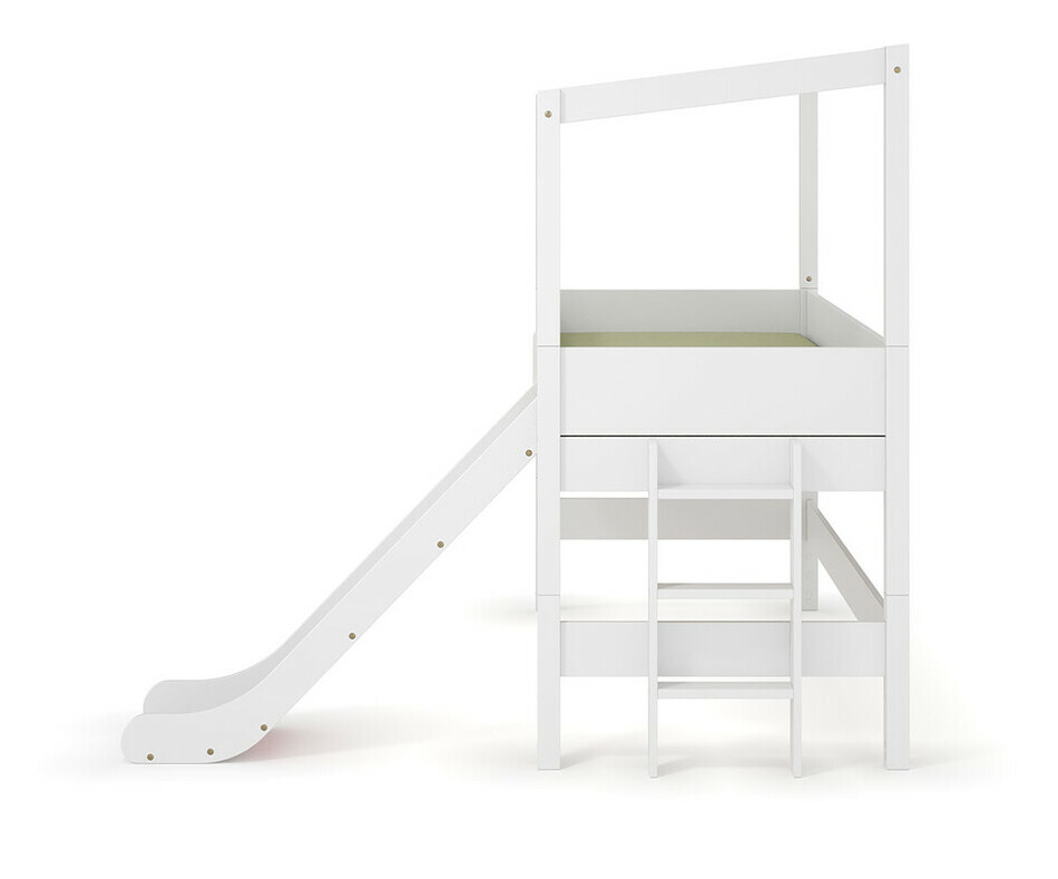 Lit cabane mi hauteur Combeebed blanc avec toboggan vue de profil